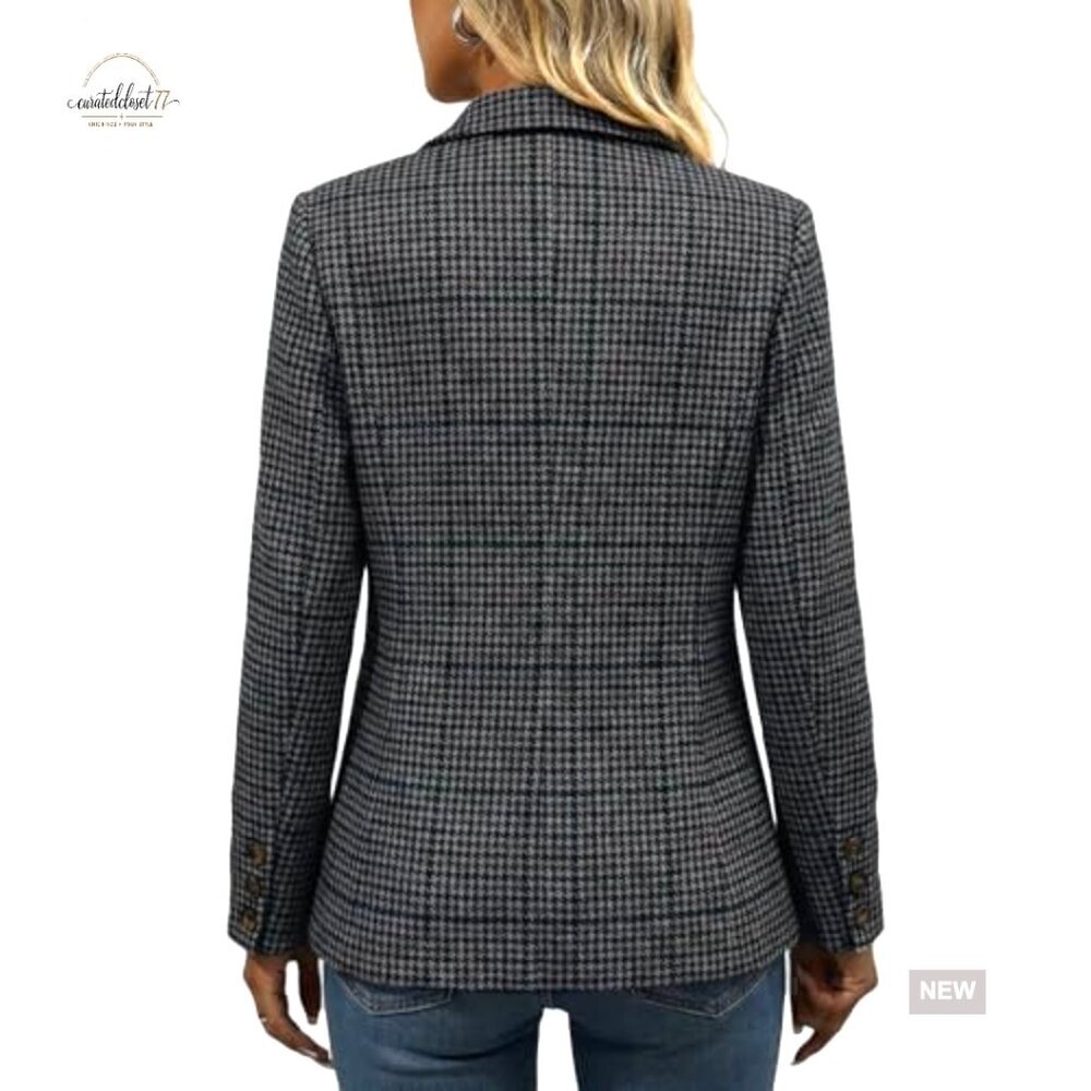 Slim Fit Tweed Blazer Houndstooth Plaid Lined Work Casual Office Jacket - Picture 3 of 7